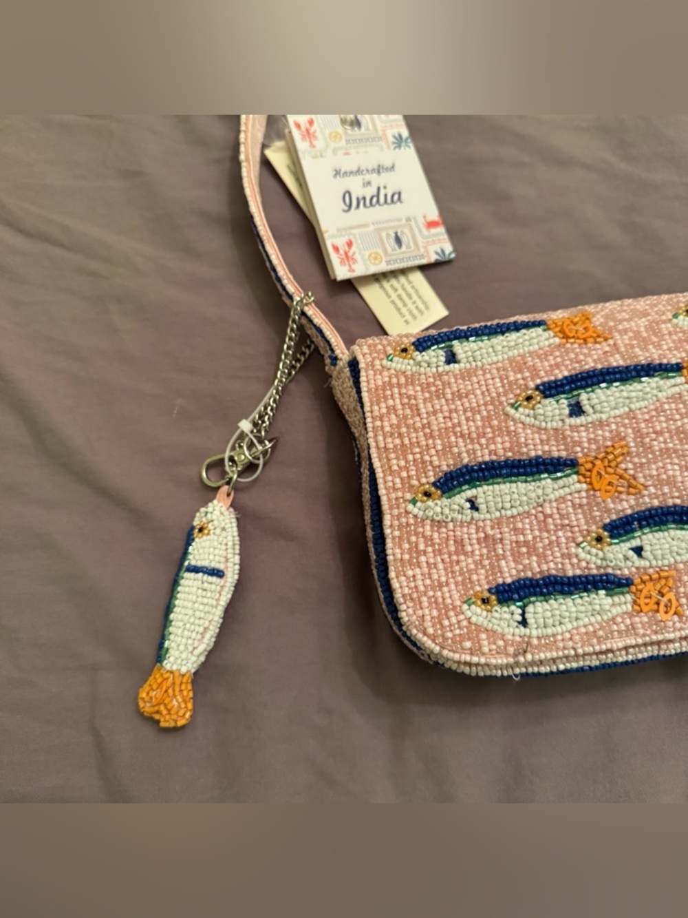 NEW NWT Viral Beaded Purse Bag Pink Sardines Fish with Charm - Made in India - Picture 4 of 15
